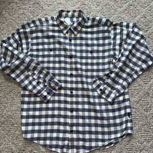 Patagonia Shirt Mens Large Beige Navy Plaid Organic Cotton‎ Long Sleeve Button